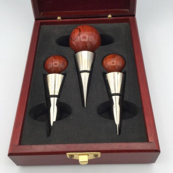 Wine Bottle Stopper Globe w/ Mahogany Wooden Box Set of 3 - Picture 2 of 4